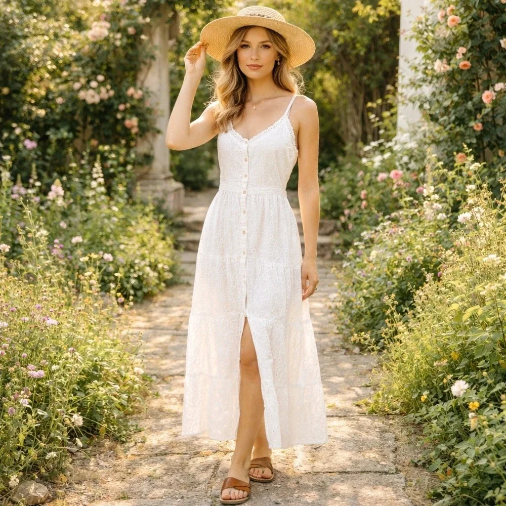 Patrons of Peace White Eyelet Cotton Maxi Dress Cottagecore Sundress Size L - Picture 1 of 9